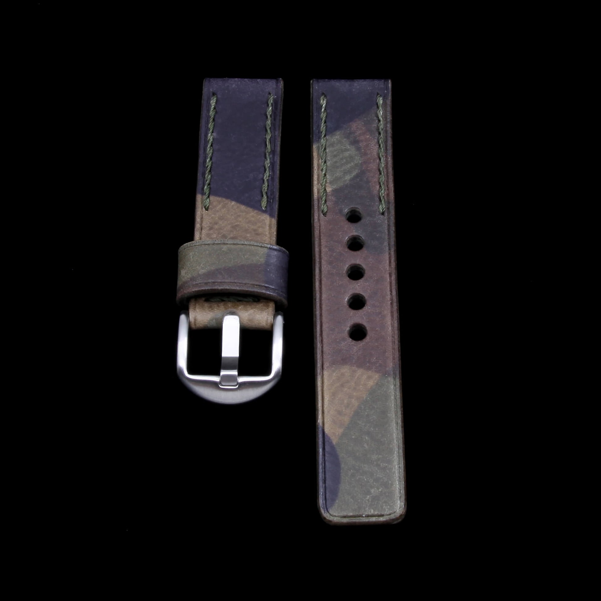 Leather Watch Strap, Camo Grigio | Embroidery Chain Stitch | Full Grain Italian Veg Tanned | Cozy Handmade