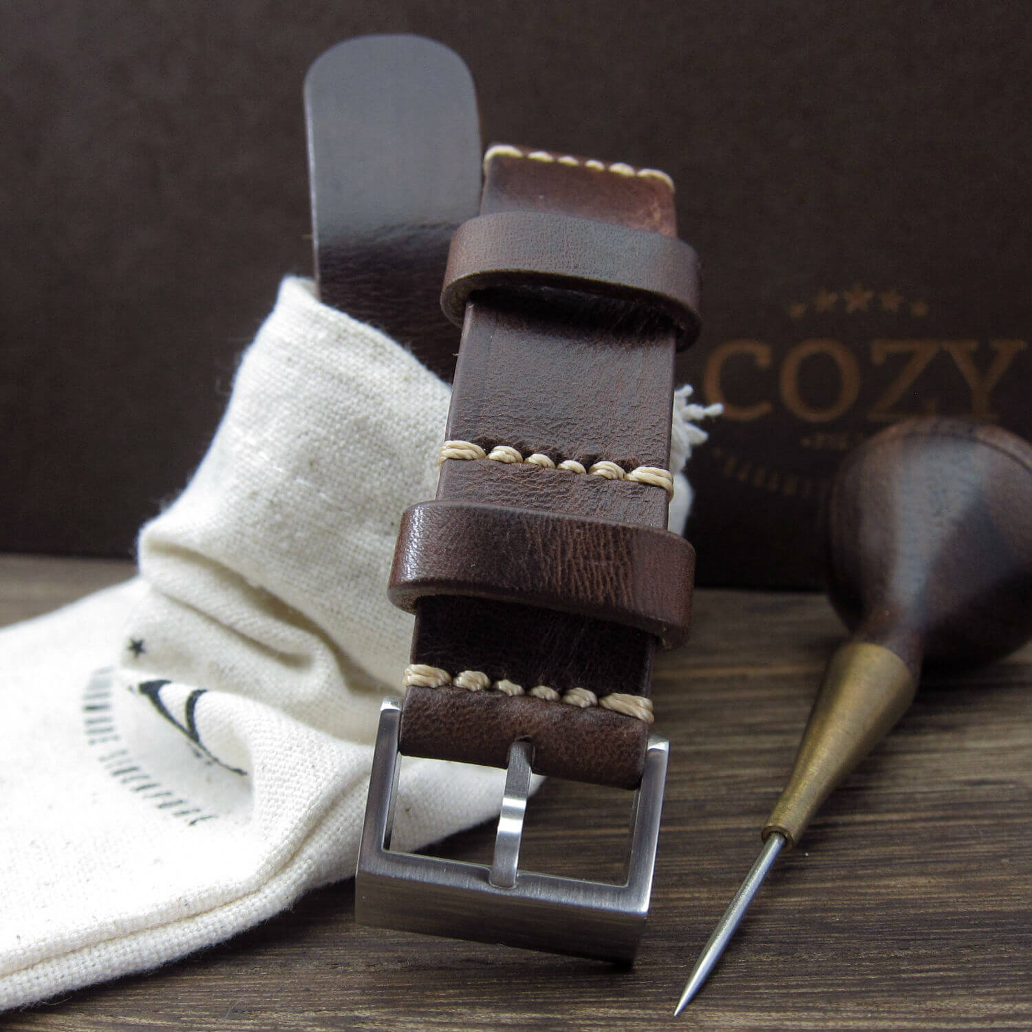 NAT2 Leather Watch Strap, Military 103 | Full Grain Italian Veg Tanned | Cozy Handmade